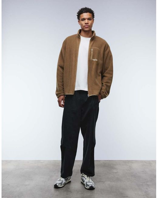 ASOS Natural Relaxed Funnel Neck Zip Through Fleece Sweatshirt With Chest Pocket for men