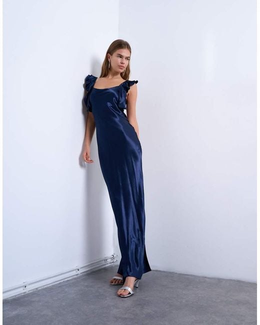TOPSHOP Blue Ruffle Shoulder Satin Slip Dress