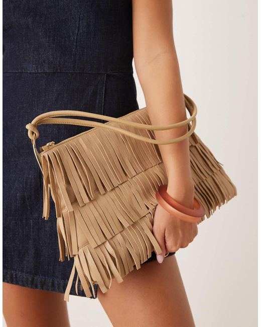 Grand sac à main en cuir à franges et détails dorés - sable Mango en coloris Multicolor