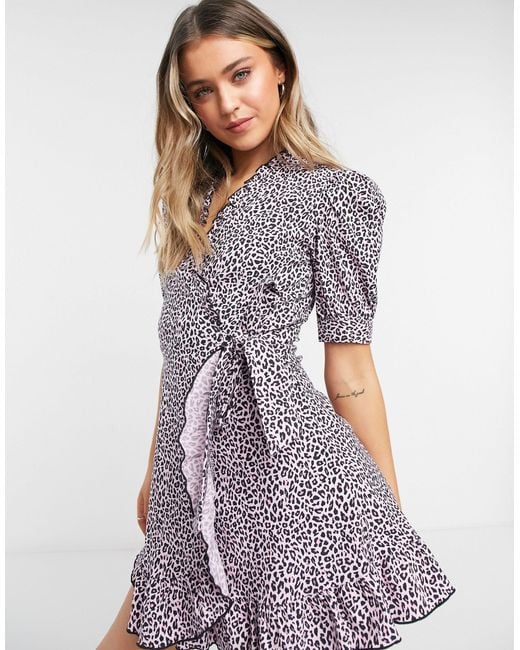 TOPSHOP Animal Print Wrap Mini Dress in Pink | Lyst