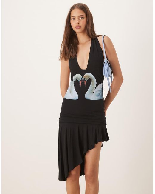 Tyler McGillivary Natural Swan Print Slinky Halter Dress