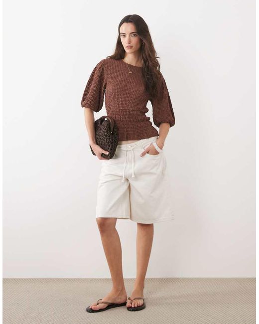 ASOS Brown Textured Cinch Waist Puff Sleeve Top