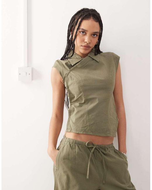 Weekday Green Dakar Mix & Match Ripstop Top With Collar And Concealed Buttons