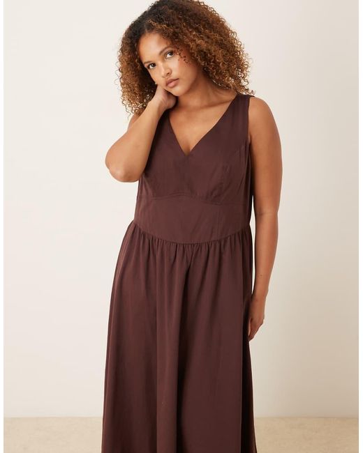 ASOS Brown Asos Design Curve Waisted V Neck Maxi Dress With Seaming Details