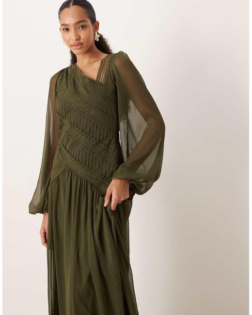 ASOS Green Long Sleeved Asymmetric Neckline Maxi Dress With Lace Trim