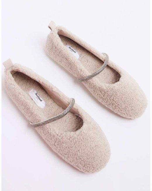 River Island Natural Fluffy Ballet Slippers With Diamante Detail