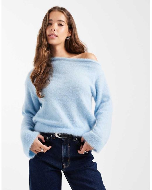 ASOS Blue Fluffy Knitted One Shoulder Jumper With Cinched Waist