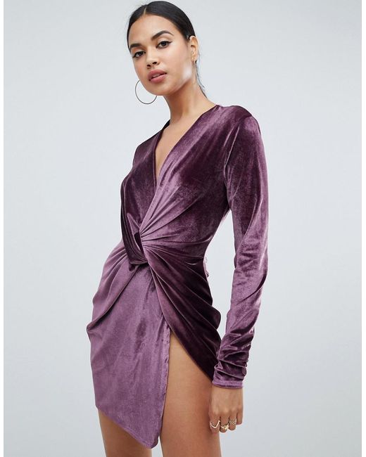 Club L London Purple Club L Twist Front Long Sleeve Velvet Dress