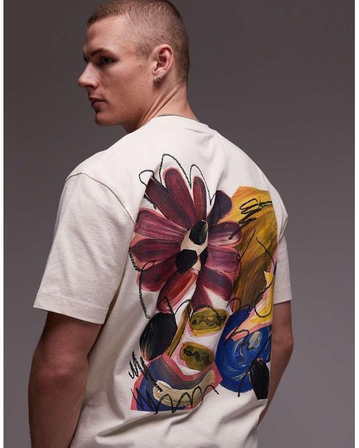 Topman White Oversized Fit T-shirt With Front And Back Abstract Floral Print for men