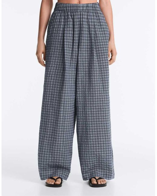 Oysho White Check Cotton Blend Wide-Leg Trousers
