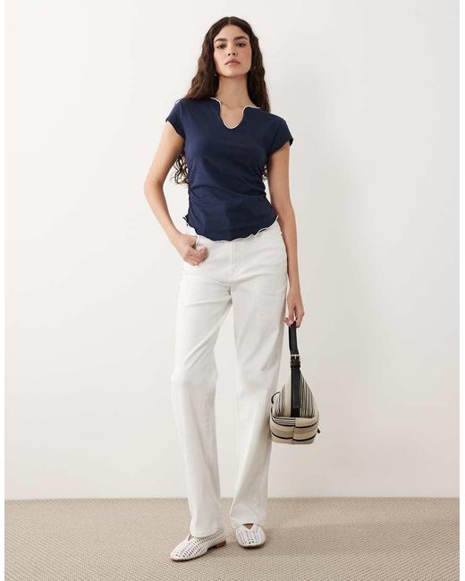 ASOS Blue Cap Sleeve V Neck Top With Contrast Edge