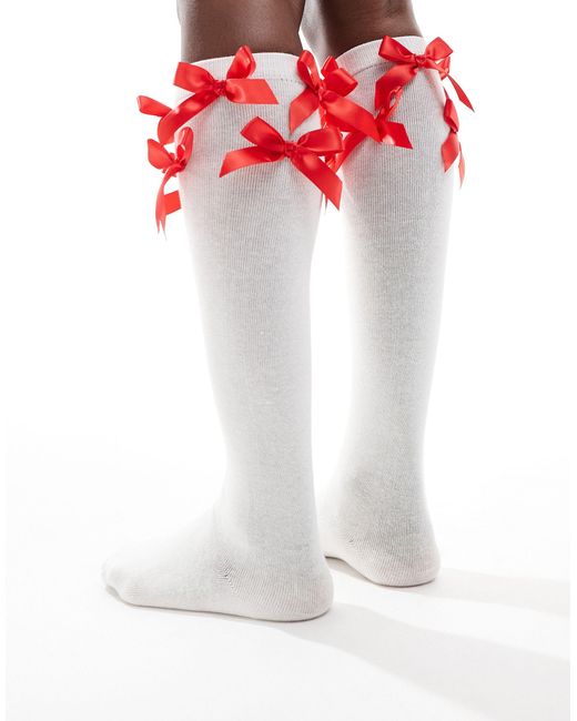 Reclaimed (vintage) White Knee High Socks With Bows
