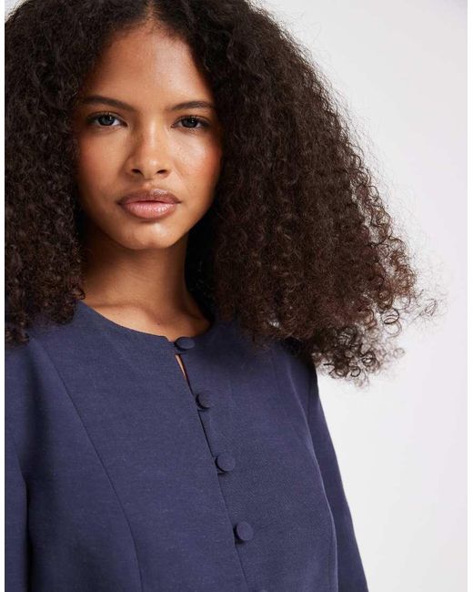 ASOS Blue Button Up Linen Fitted Blazer In