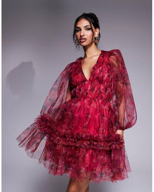 LACE & BEADS Mini-Jurk Met Organza, Bloemenprint En Ballonmouwen in het Red