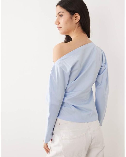 Mango Blue One Shoulder Long Sleeve Cinched Waist Blouse