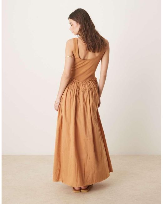 ASOS Natural Scoop Button Ribbed Bodice With Poplin Skirt Maxi Dress