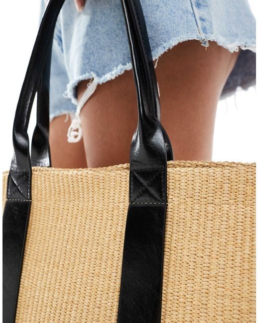 Stradivarius Blue Large Raffia Shopper Bag With Contrast Stitching