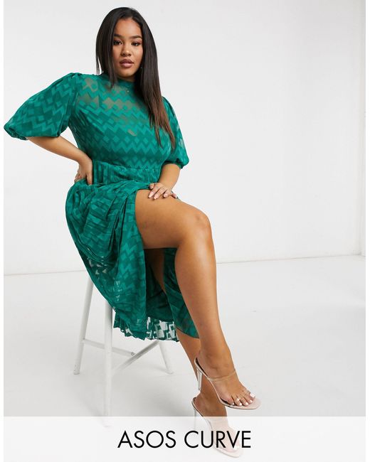 ASOS Green Asos Design Curve High Neck Pleated Chevron Dobby Midi Dress With Puff Sleeve