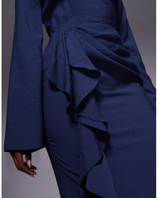 ASOS Long Sleeve Maxi Dress With Ruffle Skirt in Blue | Lyst