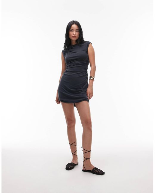 TOPSHOP White Cupro Ruched Side Cap Sleeve Mini Dress