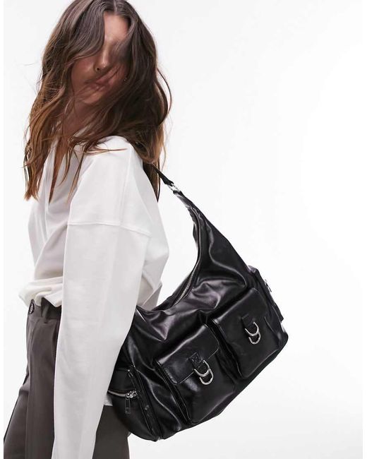 TOPSHOP Black Tessie Slouchy Multi Pocket Tote Bag