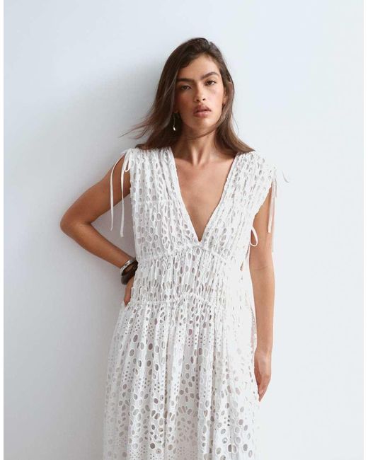 ARRANGE White Broderie Drawstring Detail Trapeze Maxi Dress