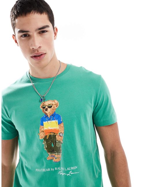 Polo Ralph Lauren Blue Beach Bear Print T-shirt Custom Fit for men