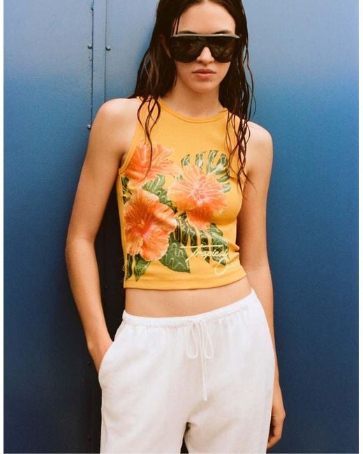 Pull&Bear Orange Floral Sequin Tank Top