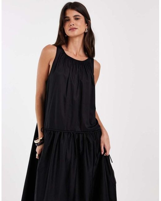 & Other Stories Black Pure Cotton Trapeze Maxi Dress With Dropped Waist