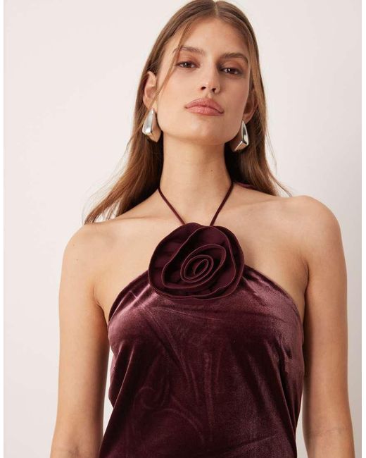 Y.A.S Red Velvet Halterneck Maxi Dress With Rosette
