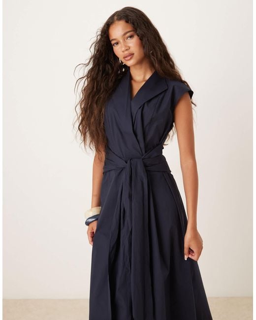 Mango Blue Short Sleeve Tie Up Dress