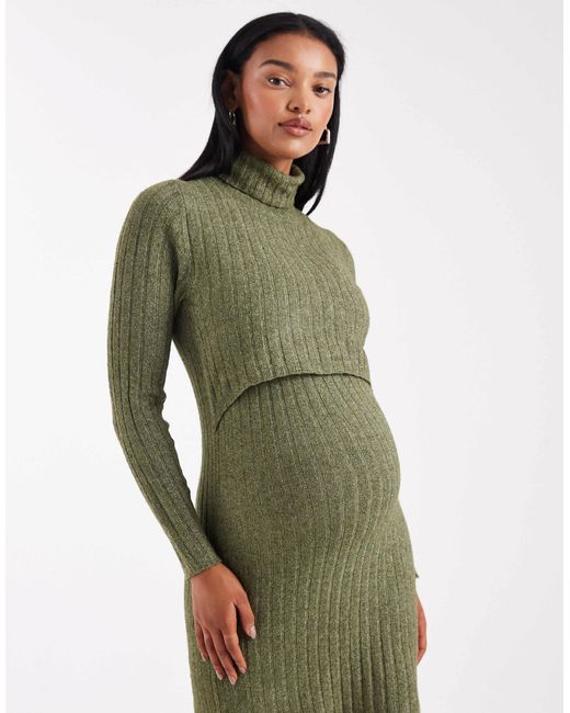 Mama.licious Green Mamalicious Maternity Soft Knitted Rib Midi Dress With Nursing Function