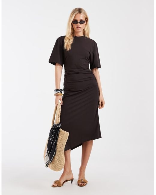 & Other Stories White Ruched Asymetric Hem Jersey Midi Dress