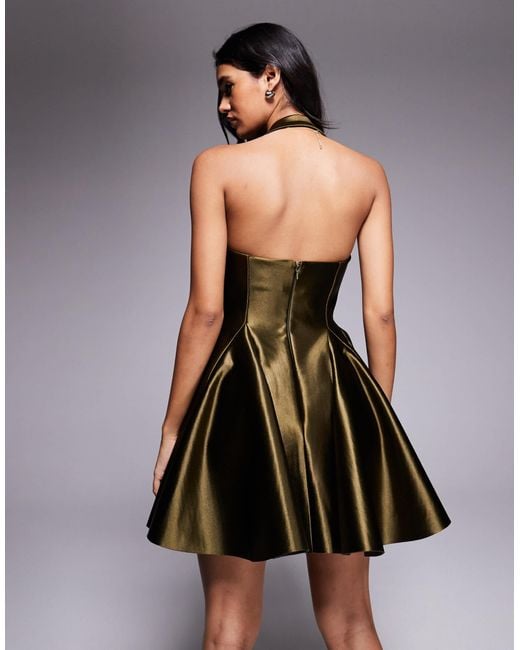 ASOS Green Structured Satin Mini Dress With Halter Straps And Extreme Skirt