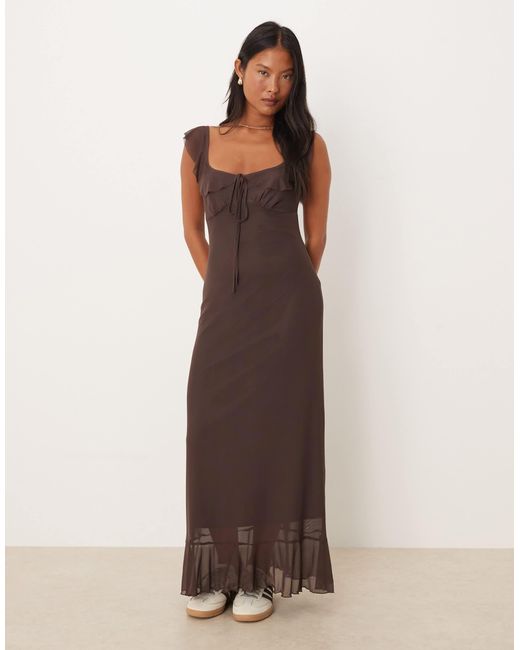 ASOS Brown Asos Design Petite Frill Front And Straps Midi Dress
