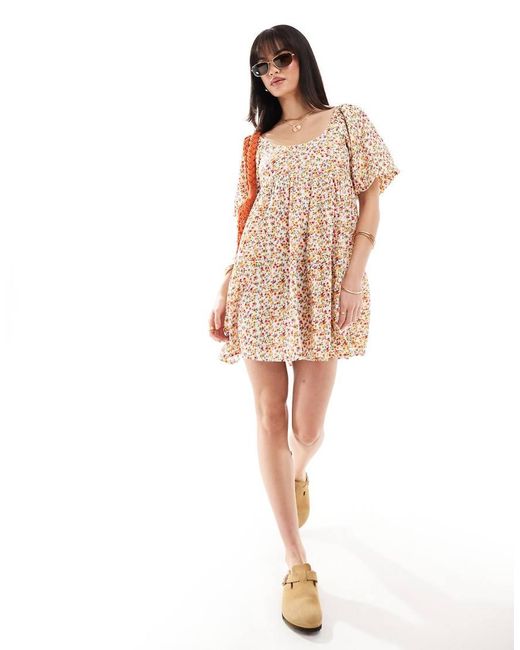 Wednesday's Girl Natural Ditsy Puff Sleeve Smock Dress