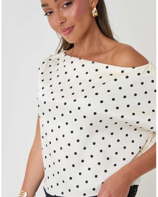 Threadbare White Polka Dot Satin Lace Trim Co-Ord Slash Neck Top