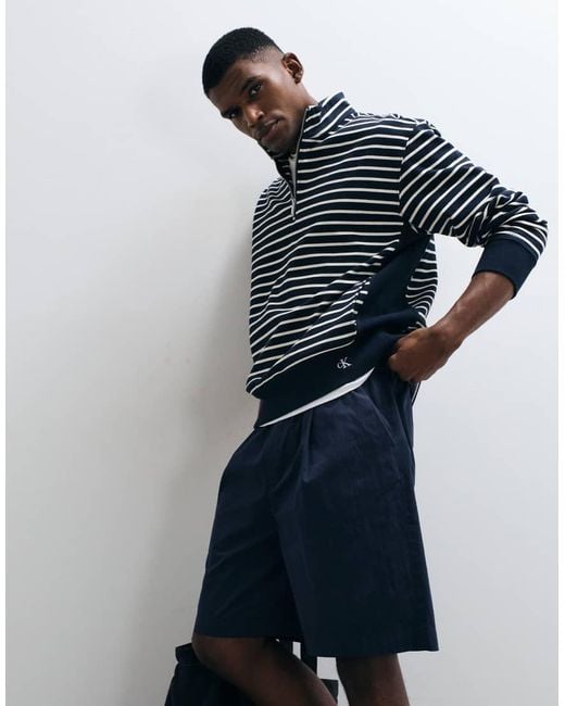 Calvin Klein Blue Striped Monogram Zip Sweatshirt for men