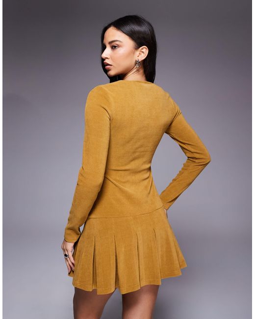 ASOS Blue Corduroy Dropped Waist Mini Dress With Pleated Skirt