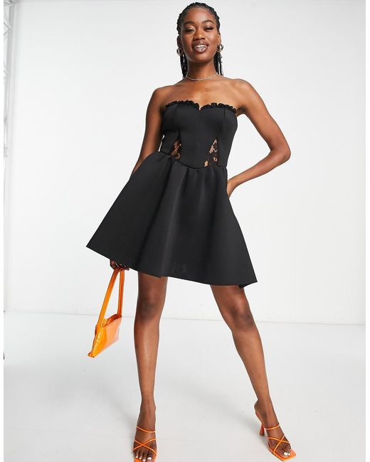 Miss Selfridge Black Scuba Lace Trim Bandeau Mini Dress