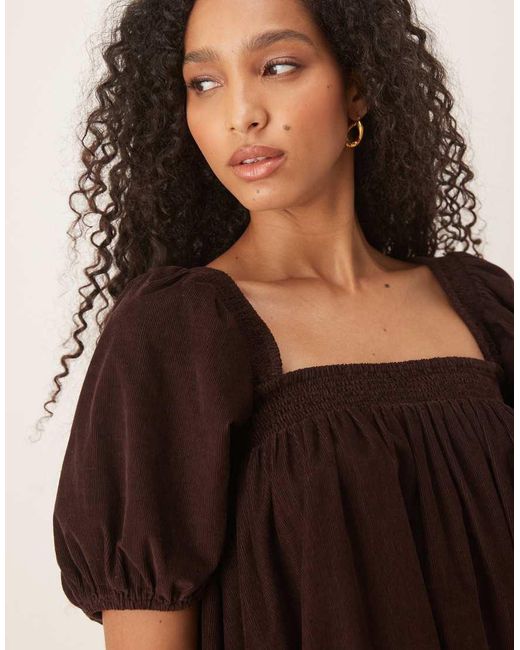ASOS Natural Cord Square Neck Babydoll Mini Dress With Puff Sleeve And Lace Trims