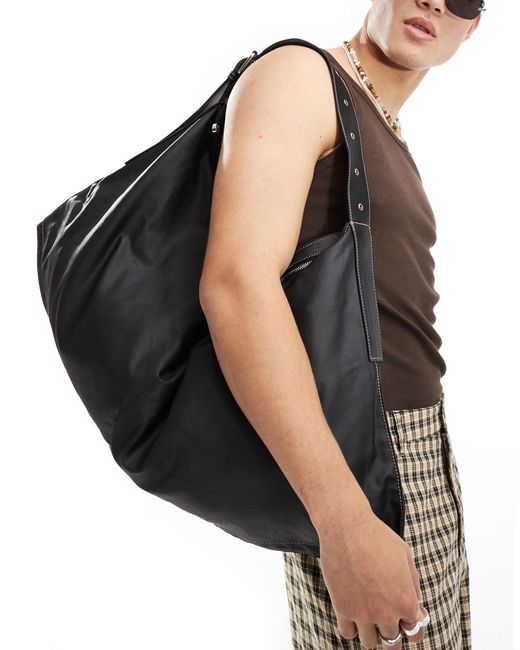 ASOS Black Tote Bag With Waxed Fabric And Contrast Stitch for men