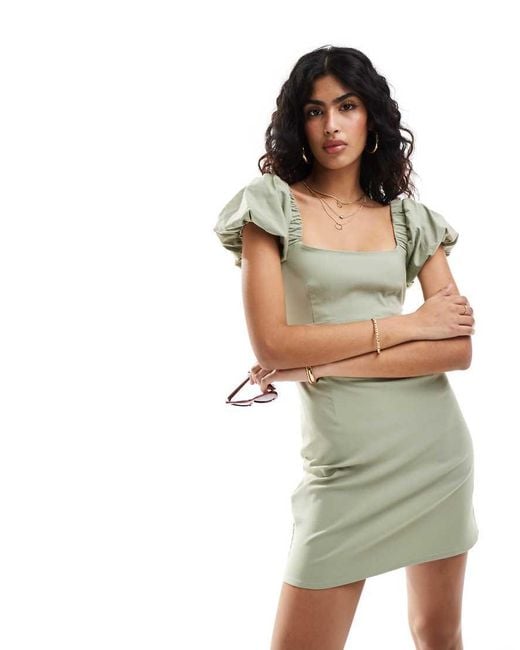 Stradivarius Puff Sleeve Mini Dress in Green | Lyst UK
