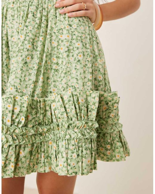 LACE & BEADS Green Bandeau Cotton Ruffle Hem Mini Dress
