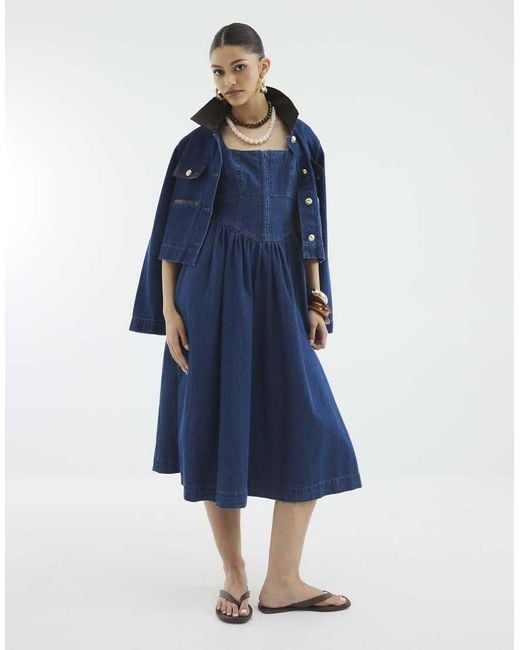 River Island Blue Denim Corset Midi Dress
