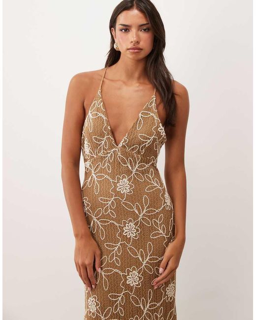 ASOS Natural Embroidered Crochet Maxi Dress With Cut Outs