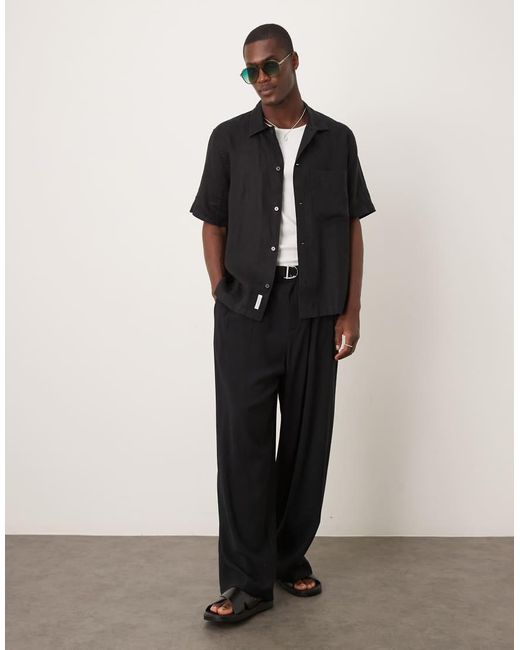 ARKET Black Linen Short Sleeve Shirt With Front Pocket for men