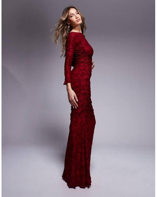 ASOS Red Devore Long Sleeve Ruched Maxi Dress