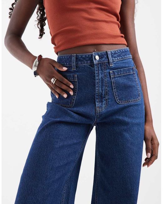 ASOS Blue High Waist Wide Leg Jeans With Front Pockets