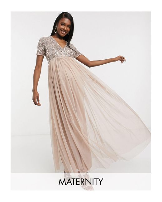 Maya Maternity Multicolor Bridesmaid V Neck Maxi Tulle Dress With Tonal Delicate Sequins In Taupe Blush